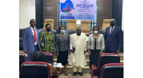 L-R: Professor Charles Esimone FAS, Professor Ekanem Braide FAS, Professor Obioma Nwaorgu FAS, Professor Abubakar Sambo FAS, Professor Uche Amazigo FAS and Dr. Oladoyin Odubanjo at the 'Unveiling of top social innovations in health' by the SIHI Nigeria Hub (Nnamdi Azikiwe University) in collaboration with the Federal Ministry of Science and Technology held in abuja today, 23rd of August, 2021